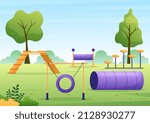 Dogs Training Center at Playground with Instructor Teaching Pets or Play for Tricks and Jumping Skills in Flat Cartoon Background Illustration