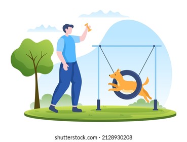 Dogs Training Center at Playground with Instructor Teaching Pets or Play for Tricks and Jumping Skills in Flat Cartoon Background Illustration