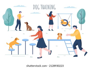 Dogs Training Center at Playground with Instructor Teaching Pets or Play for Tricks and Jumping Skills in Flat Cartoon Background Illustration svg