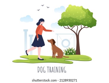Dogs Training Center at Playground with Instructor Teaching Pets or Play for Tricks and Jumping Skills in Flat Cartoon Background Illustration