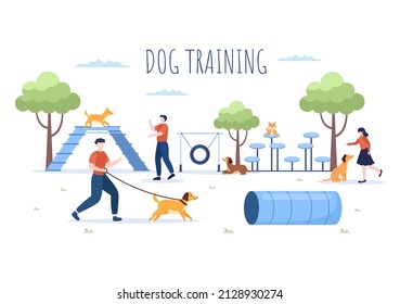 Dogs Training Center at Playground with Instructor Teaching Pets or Play for Tricks and Jumping Skills in Flat Cartoon Background Illustration