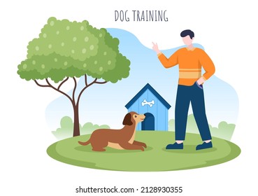 Dogs Training Center at Playground with Instructor Teaching Pets or Play for Tricks and Jumping Skills in Flat Cartoon Background Illustration
