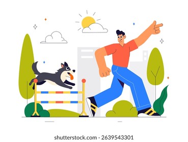 Dogs Training Center at Playground with Instructor Teaching Pets to Perform Tricks and Various Jumping Skills in a Flat Style Cartoon Background
