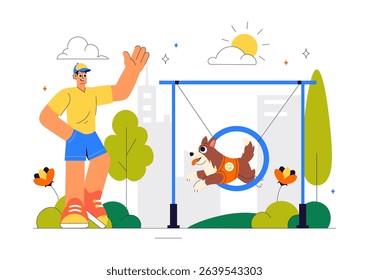 Dogs Training Center at Playground with Instructor Teaching Pets to Perform Tricks and Various Jumping Skills in a Flat Style Cartoon Background