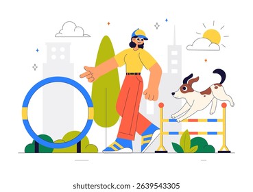 Dogs Training Center at Playground with Instructor Teaching Pets to Perform Tricks and Various Jumping Skills in a Flat Style Cartoon Background