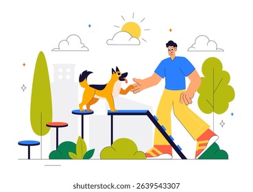 Dogs Training Center at Playground with Instructor Teaching Pets to Perform Tricks and Various Jumping Skills in a Flat Style Cartoon Background