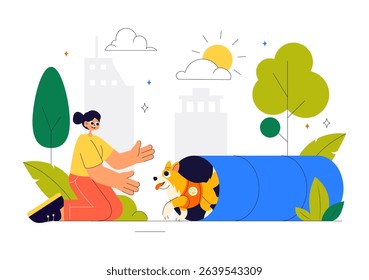 Dogs Training Center at Playground with Instructor Teaching Pets to Perform Tricks and Various Jumping Skills in a Flat Style Cartoon Background