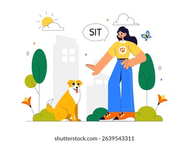 Dogs Training Center at Playground with Instructor Teaching Pets to Perform Tricks and Various Jumping Skills in a Flat Style Cartoon Background