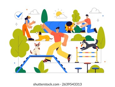 Dogs Training Center at Playground with Instructor Teaching Pets to Perform Tricks and Various Jumping Skills in a Flat Style Cartoon Background