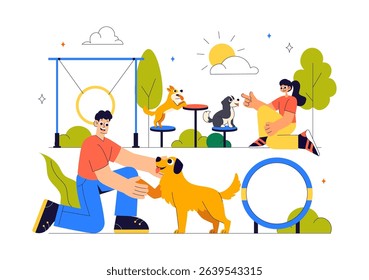 Dogs Training Center at Playground with Instructor Teaching Pets to Perform Tricks and Various Jumping Skills in a Flat Style Cartoon Background