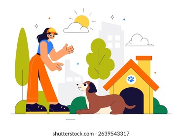 Dogs Training Center at Playground with Instructor Teaching Pets to Perform Tricks and Various Jumping Skills in a Flat Style Cartoon Background