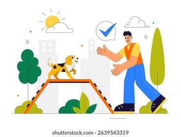 Dogs Training Center at Playground with Instructor Teaching Pets to Perform Tricks and Various Jumping Skills in a Flat Style Cartoon Background