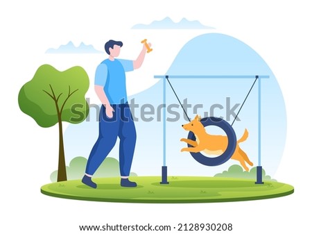 Dogs Training Center at Playground with Instructor Teaching Pets or Play for Tricks and Jumping Skills in Flat Cartoon Background Illustration