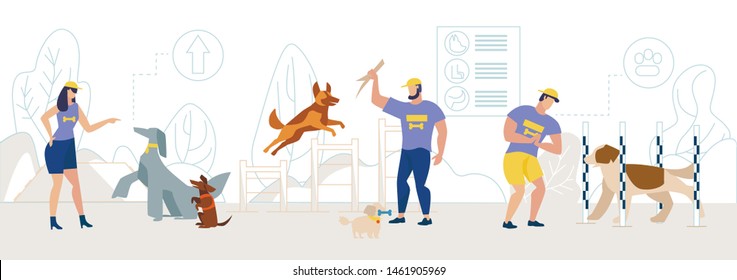 Dogs Training Center or School, Cynological Club Flat Vector. Dog Training Specialist, Cynologist Instructor Teaching Pets for Tricks, Training Domestic Animals for Command on Playground Illustration