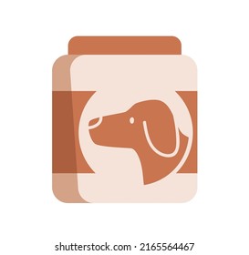 Dogs treats in bottle package. Canine animals feed pack. Jar of doggies food. Abstract veterinarian pets supplies for puppies. Flat vector illustration isolated on white background