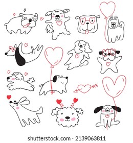 Dogs at Valentine's day. Set of outline vector illustrations on white background. 