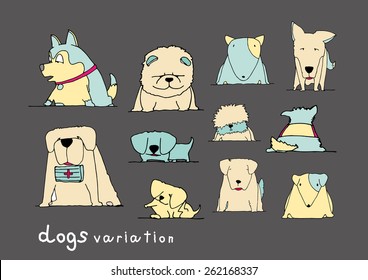 Dogs variation doodle pastel color on dark grey background