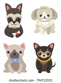 Dogs variety collection, poster with pets of different breeds, symbols of approaching year, vector illustration isolated on white background