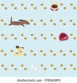 Dogs of various breeds, traces of paws and a piece of meat in the form of a pattern