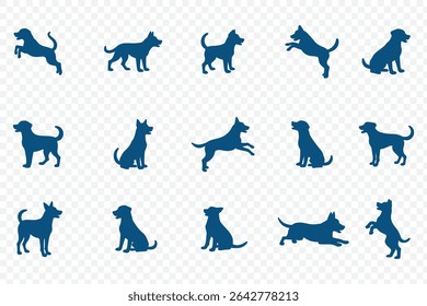 dogs in various poses on  white background.  Group of dogs various poses vector silhouettes collection. 