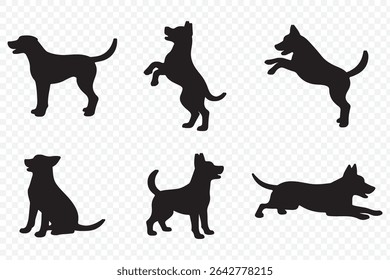 dogs in various poses on  white background.  Group of dogs various poses vector silhouettes collection. 