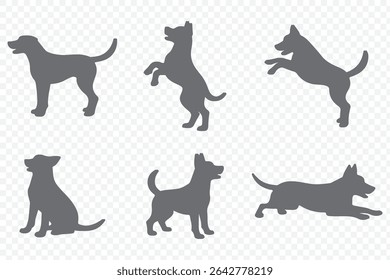 dogs in various poses on  white background.  Group of dogs various poses vector silhouettes collection. 