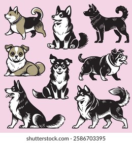 Dogs in various poses, in vector format, for stickers, decoration, cartoons, patterns, and more.