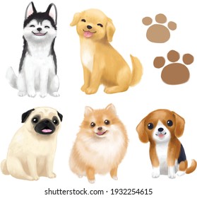 dogs vector illustration breed puppy cute, dog cartoon, dog painting, pug, Siberian Husky, golden retriever, Pomeranian,  Beagle, puppy white back ground isolated, pet animal doggy paw .