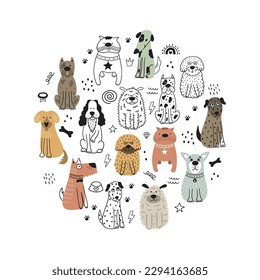 Ilustración vectorial de perros. Las mascotas con doodle están aisladas en un fondo blanco. Se puede usar para afiches, camisetas impresas, pegatinas. 