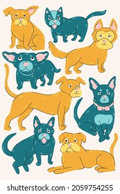 Hunde, Vektorgrafik-Set. Plakatdesign verschiedener süßer stylisierter Hunde