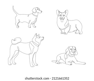 Dogs vector linear illustration. Corgi, Dachshund, Beagle, Husky