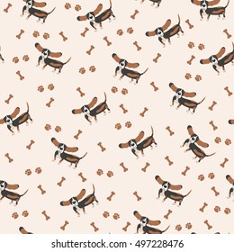 Dogs Vector Seamless pattern. Dog Basset Hound, bone, paw print.