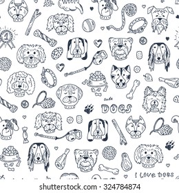 Dogs Vector Seamless pattern. Hand Drawn Doodles Dogs and accessories for pets. Black and white background.