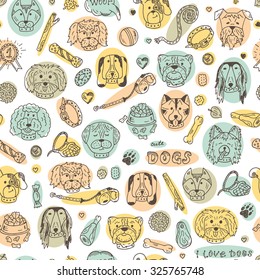 Dogs Vector Seamless pattern. Hand Drawn Doodles Dogs and accessories for pets. 