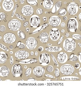 Dogs Vector Seamless pattern. Hand Drawn Doodles Dogs and accessories for pets. 