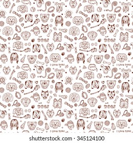 Dogs Vector Seamless pattern. Hand Drawn Doodles Dogs and accessories for pets. Black and white background.