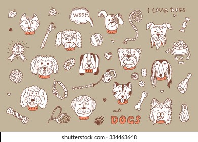 Dogs Vector Set. Dogs faces icons. Hand Drawn Doodles Dogs and accessories for pets