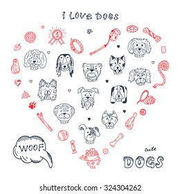 Dogs Vector Set in Heart shaped. Dogs faces icons. Hand Drawn Doodles Dogs and accessories for pets. 