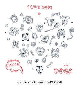 Dogs Vector Set in Heart shaped. Dogs faces icons. Hand Drawn Doodles Dogs and accessories for pets. 