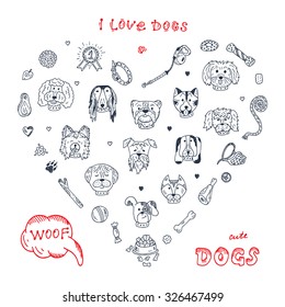 Dogs Vector Set in Heart shaped. Dogs faces icons. Hand Drawn Doodle Dogs and accessories for pets