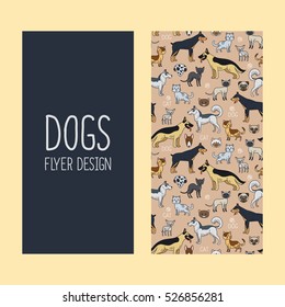 Dogs vertical flyer design with cute pattern. Vector illustration