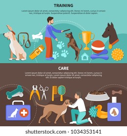 Dogs veterinary horizontal banners with flat images of training fetch prizes and vet equipment with text vector illustration