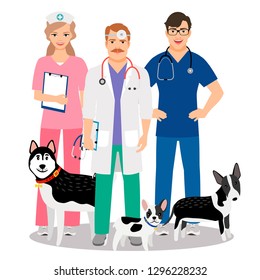 Dogs Veterinary. Veterinarian Team With Cute Dogs Care For Vet Clinic Vector Illustration