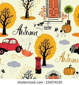 Dogs, vintage cars, pumpkins and autumn trees. Seamless background