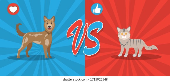 Concepto de perros vs gatos. Antecedentes con mascotas lindas. Diseño de historietas de fondo. Ilustración vectorial.
