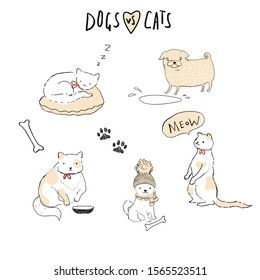 Dogs VS Cats Stickers. Vector illustration of a dogs and cats, сute kawaii image for your design.