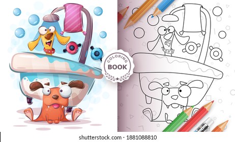 Dogs wash in the bath - coloring page. Vector eps 10