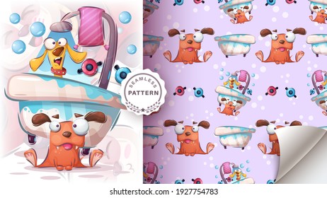 Dogs wash in the bath - seamless pattern. Vector eps 10