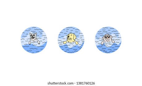 Dogs in the water playing color illustration set. Happy pets in the sea swimming and enjoy in the summer. Cartoon drawn puppy set different breed having fun in liquid circle ball or egg. Simple detail