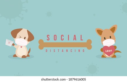 Dogs wear masks for protect covid19 Virus and social distancing. 
Dogs wear masks background concept new normal and Valentines day theme. vector illustrstion. cute animal wear masks 
